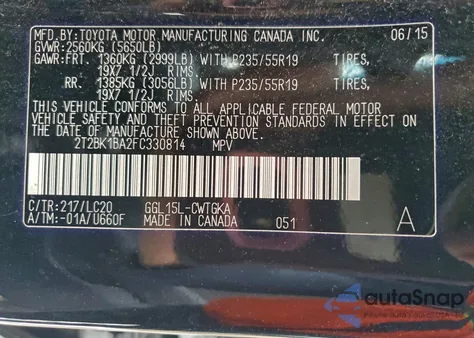 2015 Lexus Rx 350 Base z USA, uszkodzony, nr VIN 2T2BK1BA2FC330814